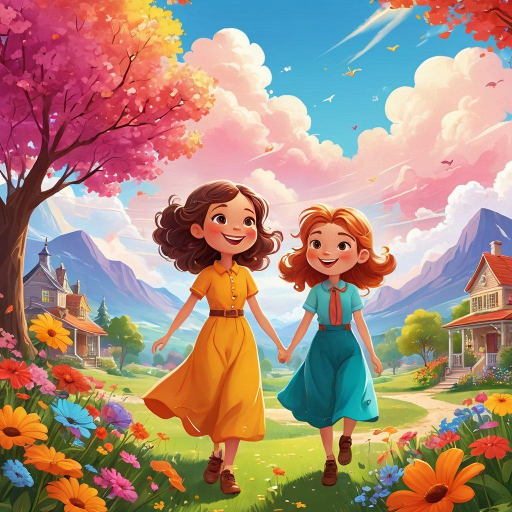 A whimsical scene featuring animated models, filled with vibrant colors, expressing joy and positivity in a lively environment. Include cartoon-style characters engaging in fun activities, surrounded by cheerful elements like flowers, sunshine, and happy clouds. The backdrop should reflect uplifting themes, perhaps with soft gradients and playful textures. Highlight the emotional connection between the characters and their surroundings, emphasizing well-being and happiness. vector art. bright and cheerful. animated style.
