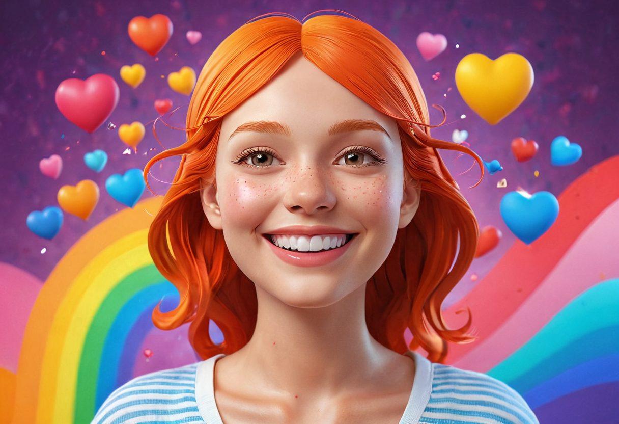 A vibrant scene featuring a joyful, 3D character model with expressive facial features, surrounded by colorful emotional symbols like hearts, smiles, and laughter. The background displays a serene landscape that embodies well-being, with bright sunshine and gentle waves. Include a dynamic representation of emotional analysis, blending technology like graphs and data visualizations with the character. Super-realistic. Vibrant colors. 3D style.