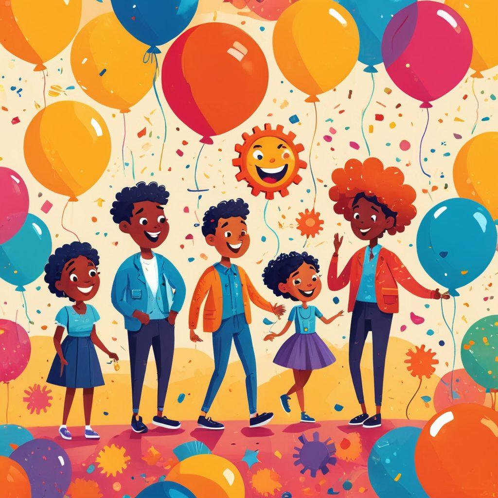 A whimsical illustration of diverse characters showcasing various emotions, interspersed with colorful gears and cogs representing emotion analysis, all set against a cheerful, bright background. Include playful elements like balloons and confetti to emphasize cheerfulness. The characters should reflect different age groups and cultures, radiating positivity. vector art. vibrant colors. whimsical style.